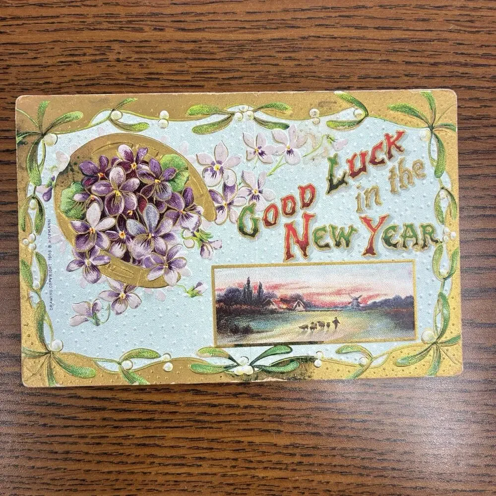 Antique Happy New Year Holiday Postcards Lot of 4 Early 1900s 1910 Gilt Embossed